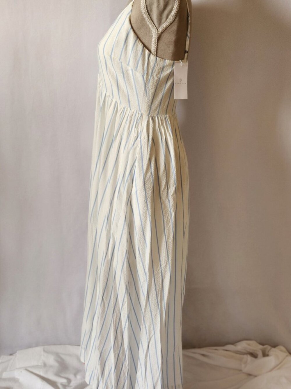 Fun 2 Fun Women's Size Small Blue Striped V-Neck Sleeveless Pockets Long Dress - Picture 9 of 15